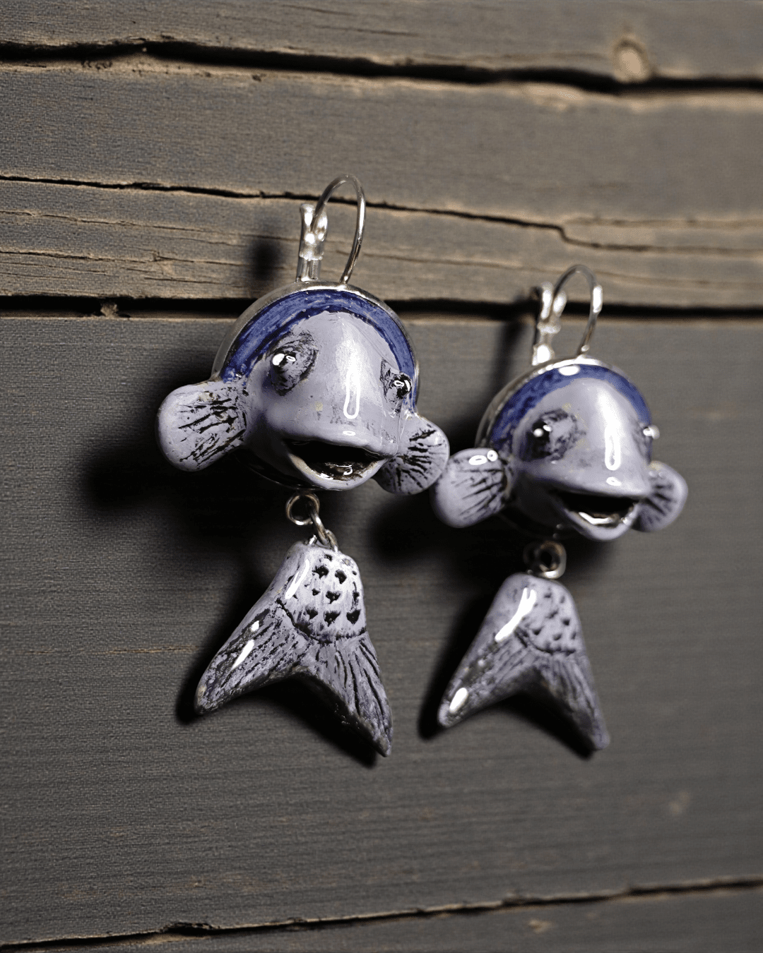 Purple Fishes Earrings – Handmade Clay & Resin Surreal Statement Jewelry, Sculptural Fantasy Wearable Art with Stainless Steel Hooks - SAMA