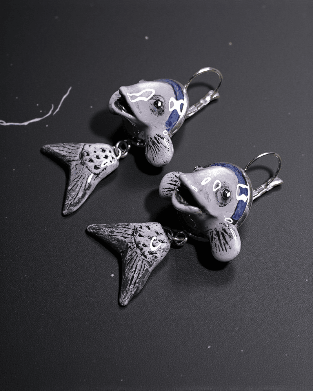 Purple Fishes Earrings – Handmade Clay & Resin Surreal Statement Jewelry, Sculptural Fantasy Wearable Art with Stainless Steel Hooks - SAMA