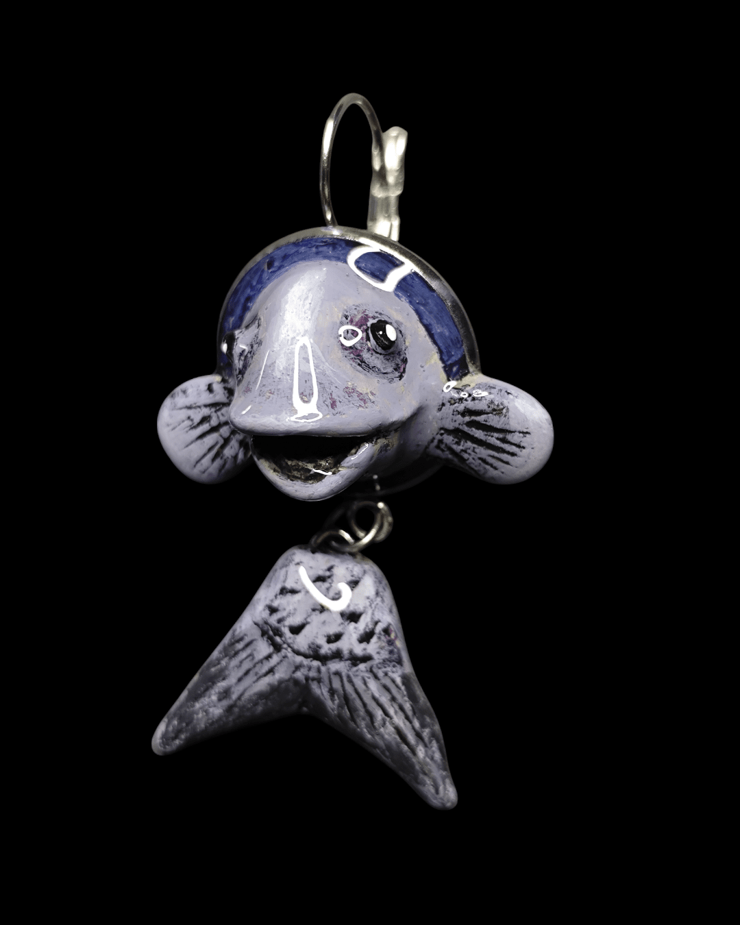 Purple Fishes Earrings – Handmade Clay & Resin Surreal Statement Jewelry, Sculptural Fantasy Wearable Art with Stainless Steel Hooks - SAMA