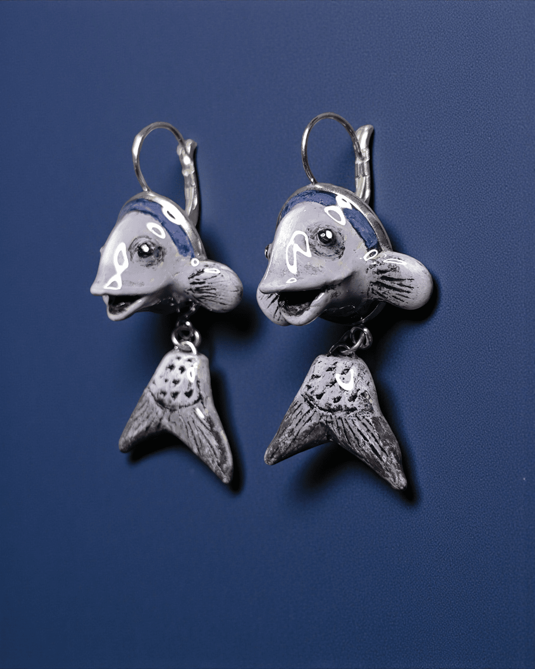 Purple Fishes Earrings – Handmade Clay & Resin Surreal Statement Jewelry, Sculptural Fantasy Wearable Art with Stainless Steel Hooks - SAMA