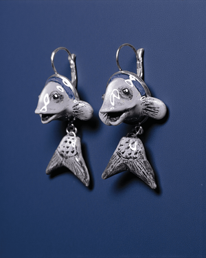 Purple Fishes Earrings – Handmade Clay & Resin Surreal Statement Jewelry, Sculptural Fantasy Wearable Art with Stainless Steel Hooks - SAMA