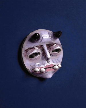 Purple Horned Monster Pin Button – Handmade Clay & Resin Surreal Wearable Art with Stainless Steel Pin Back - SAMA