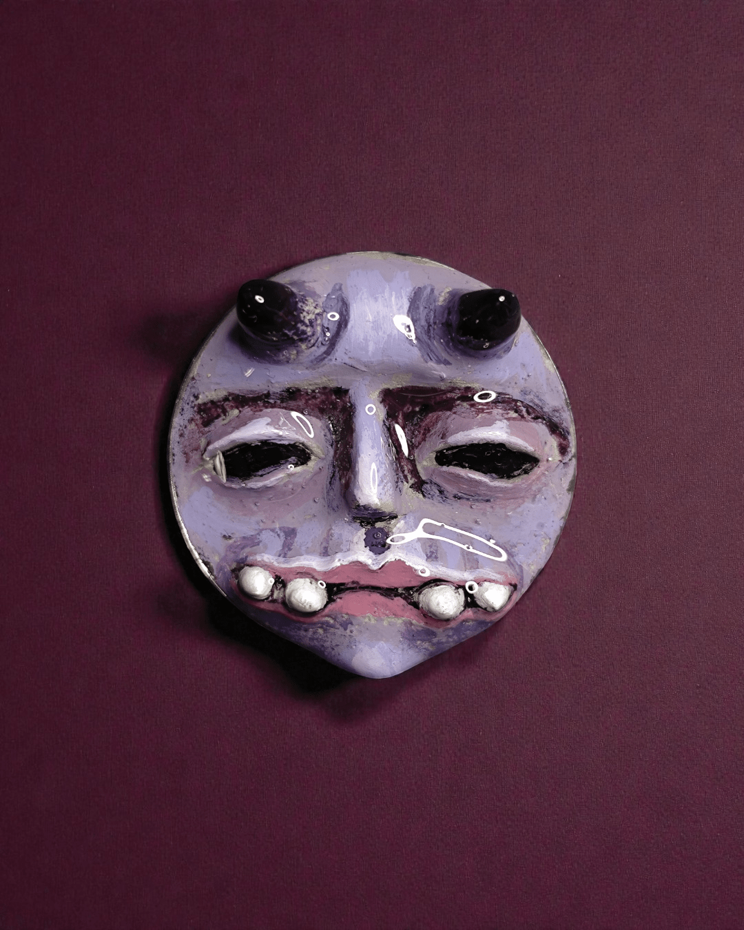 Purple Horned Monster Pin Button – Handmade Clay & Resin Surreal Wearable Art with Stainless Steel Pin Back - SAMA