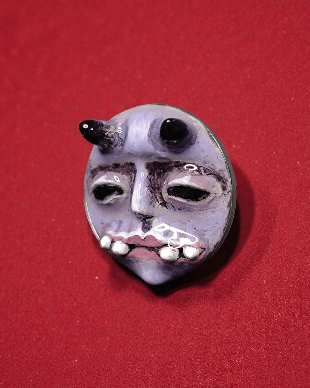 Purple Horned Monster Pin Button – Handmade Clay & Resin Surreal Wearable Art with Stainless Steel Pin Back - SAMA