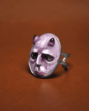 Purple Horned Monster Ring – Handmade Clay & Resin Surreal Statement Jewelry with Adjustable Stainless Steel Band - SAMA