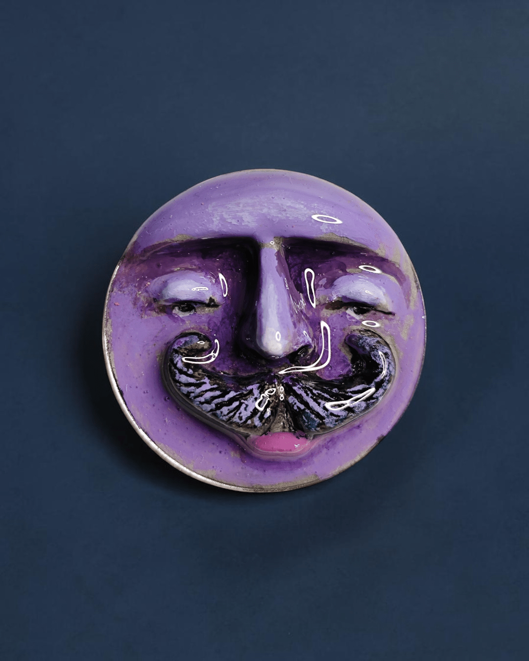 Purple Man with Mustache Pin Button – Handmade Clay & Resin Surreal Wearable Art with Stainless Steel Pin Back - SAMA