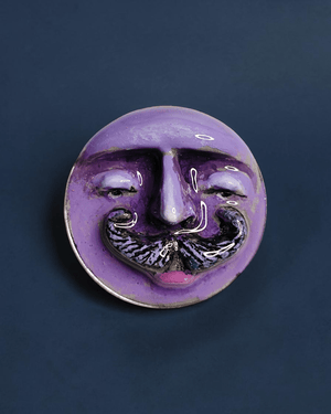 Purple Man with Mustache Pin Button – Handmade Clay & Resin Surreal Wearable Art with Stainless Steel Pin Back - SAMA