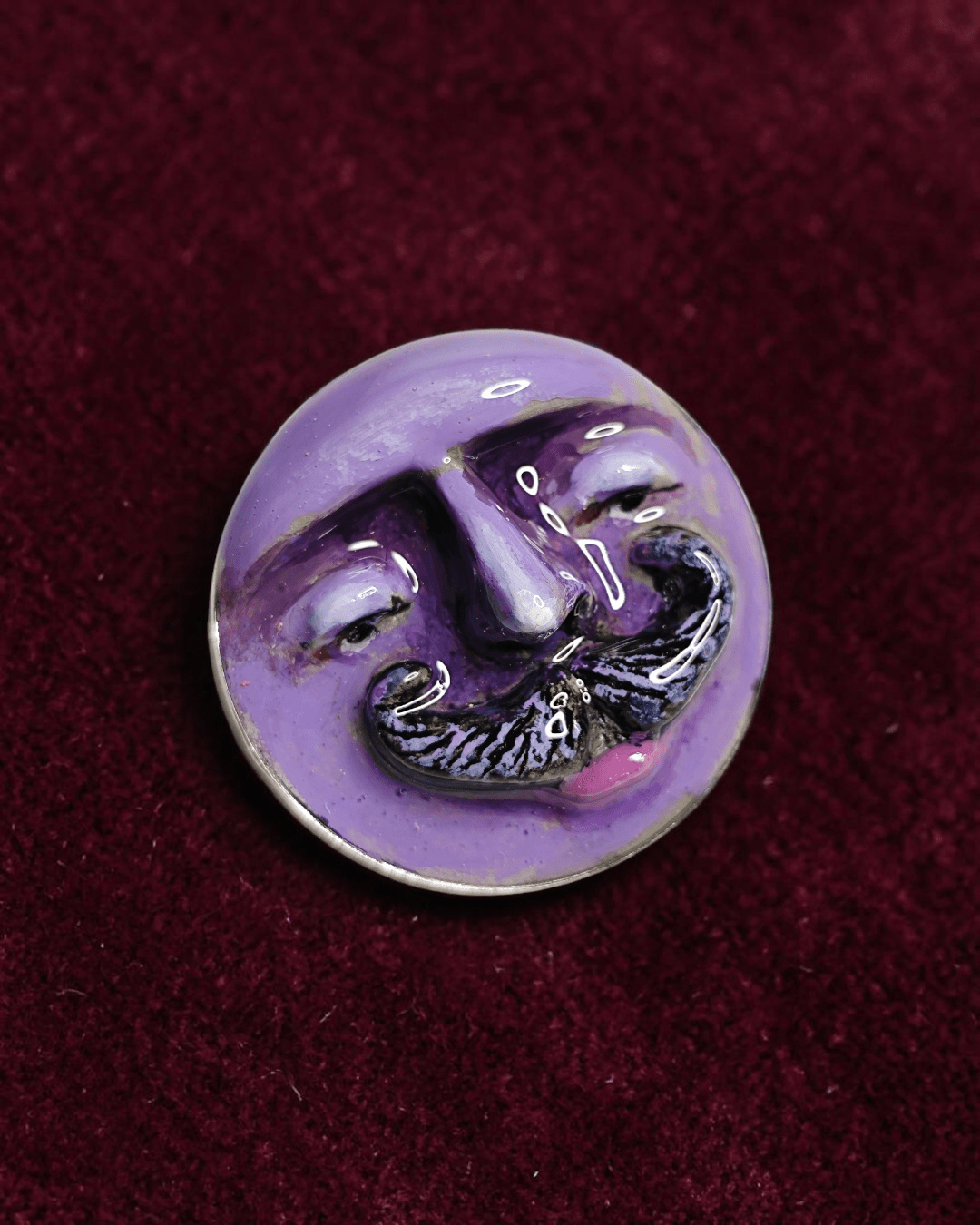 Purple Man with Mustache Pin Button – Handmade Clay & Resin Surreal Wearable Art with Stainless Steel Pin Back - SAMA