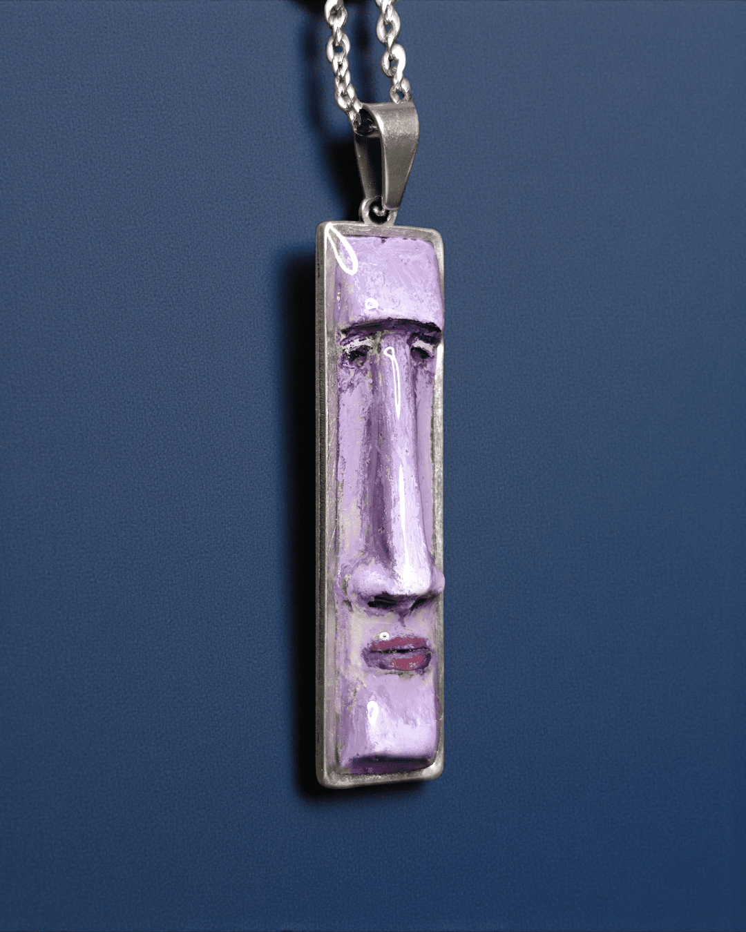Purple Moai Necklace – Handmade Clay & Resin Surreal Statement Jewelry, Sculptural Fantasy Wearable Art with Stainless Steel Chain / Pendant - SAMA
