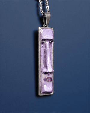 Purple Moai Necklace – Handmade Clay & Resin Surreal Statement Jewelry, Sculptural Fantasy Wearable Art with Stainless Steel Chain / Pendant - SAMA