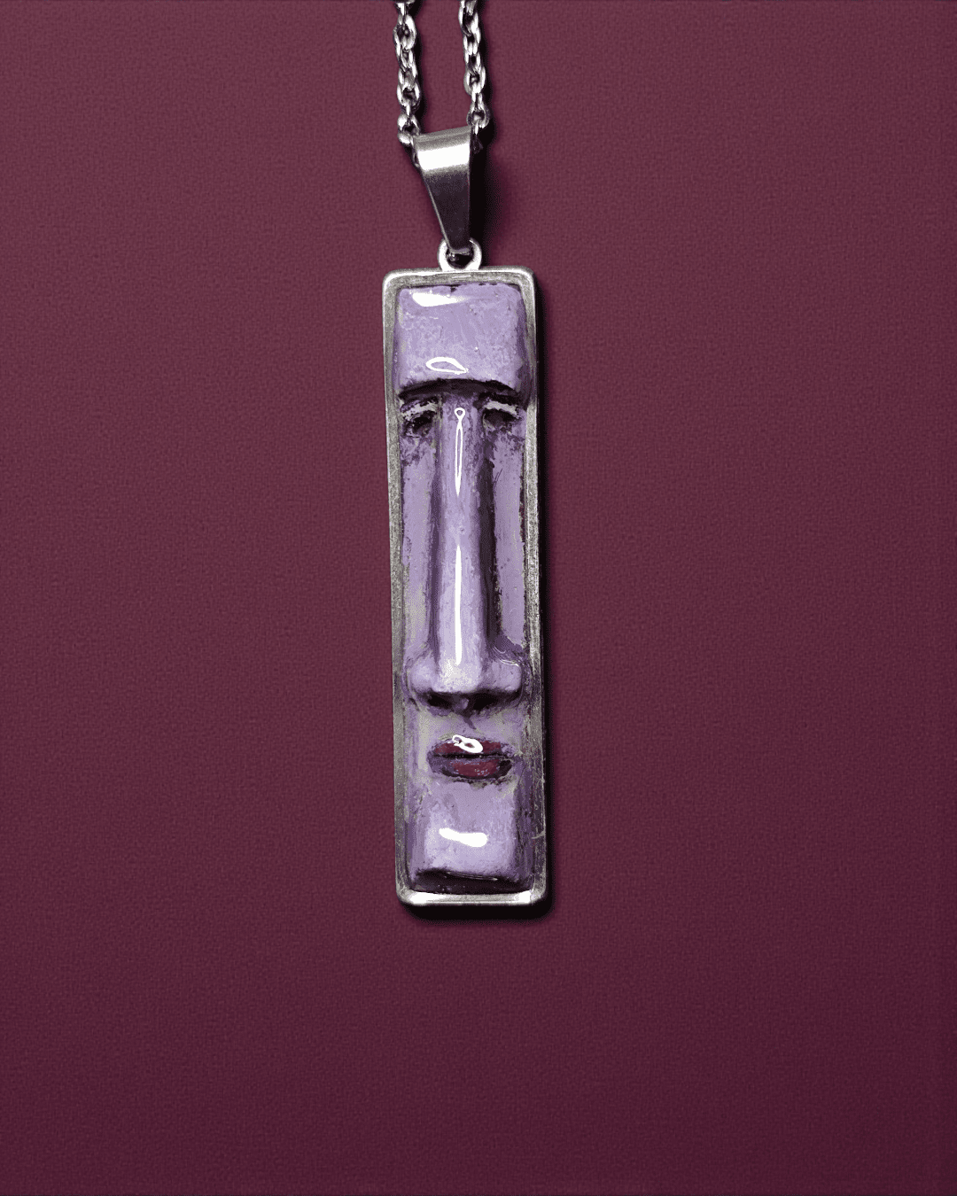 Purple Moai Necklace – Handmade Clay & Resin Surreal Statement Jewelry, Sculptural Fantasy Wearable Art with Stainless Steel Chain / Pendant - SAMA