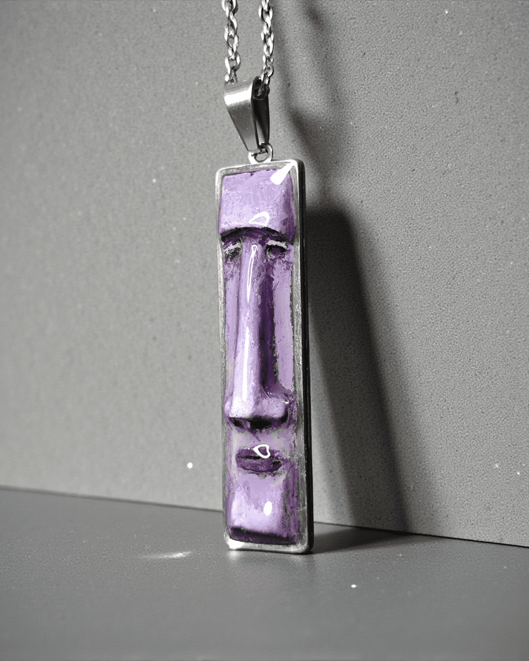 Purple Moai Necklace – Handmade Clay & Resin Surreal Statement Jewelry, Sculptural Fantasy Wearable Art with Stainless Steel Chain / Pendant - SAMA