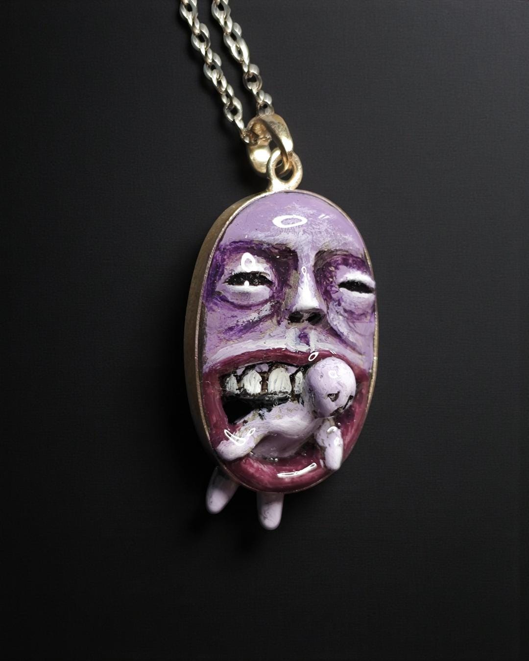 Purple Monster Eating Human Necklace – Handmade Clay & Resin Dark Surreal Statement Jewelry, Sculptural Fantasy Wearable Art with Sterling S