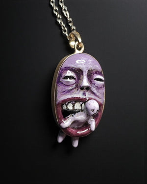 Purple Monster Eating Human Necklace – Handmade Clay & Resin Dark Surreal Statement Jewelry, Sculptural Fantasy Wearable Art with Sterling S