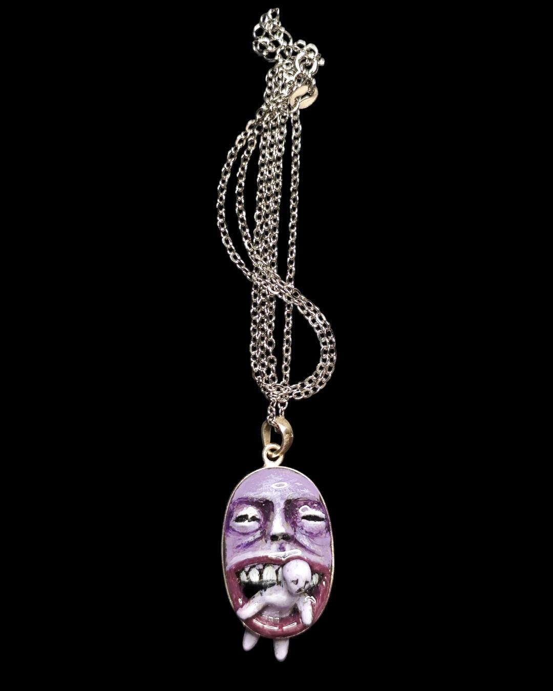 Purple Monster Eating Human Necklace – Handmade Clay & Resin Dark Surreal Statement Jewelry, Sculptural Fantasy Wearable Art with Sterling S