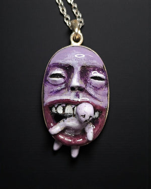 Purple Monster Eating Human Necklace – Handmade Clay & Resin Dark Surreal Statement Jewelry, Sculptural Fantasy Wearable Art with Sterling S