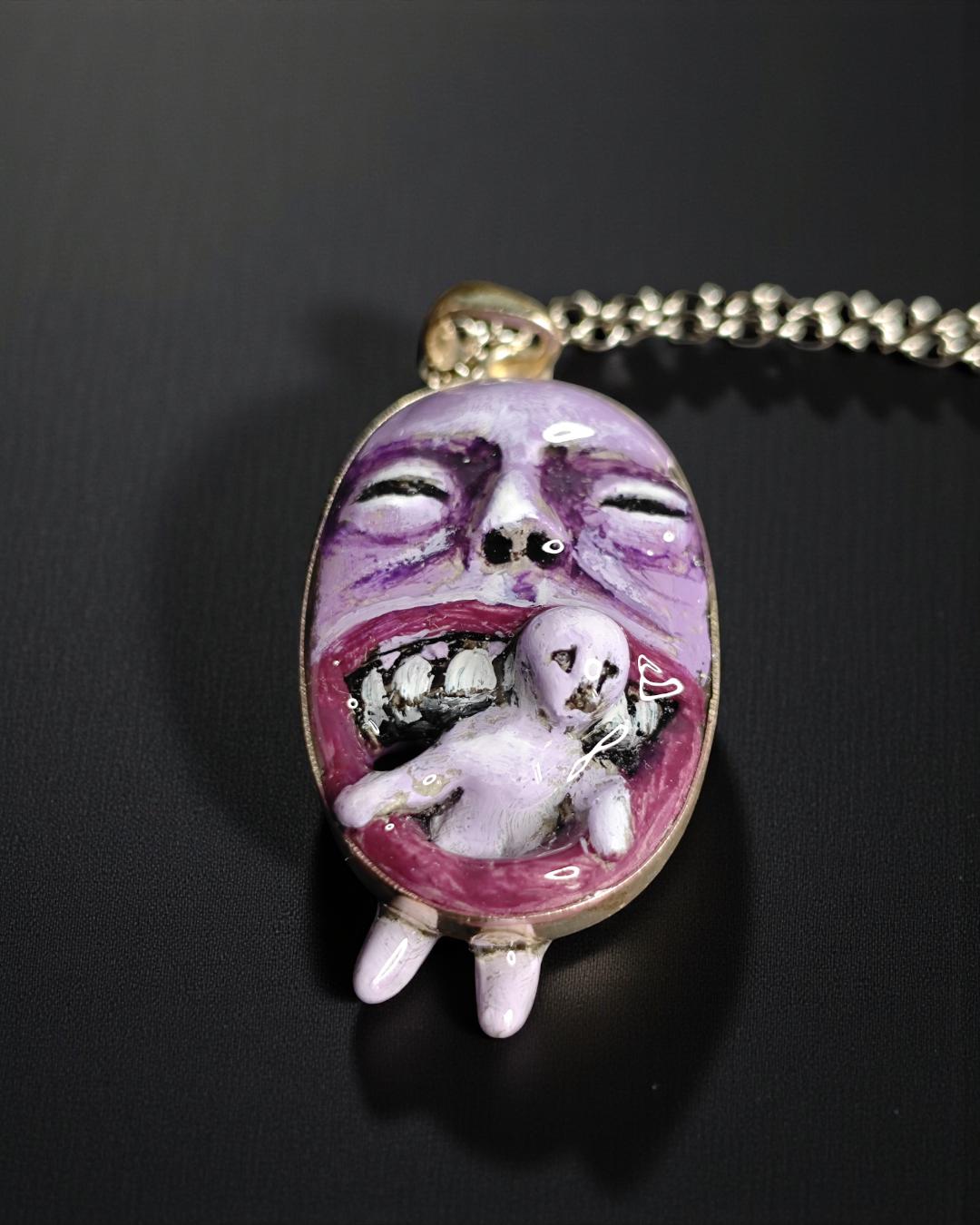 Purple Monster Eating Human Necklace – Handmade Clay & Resin Dark Surreal Statement Jewelry, Sculptural Fantasy Wearable Art with Sterling S