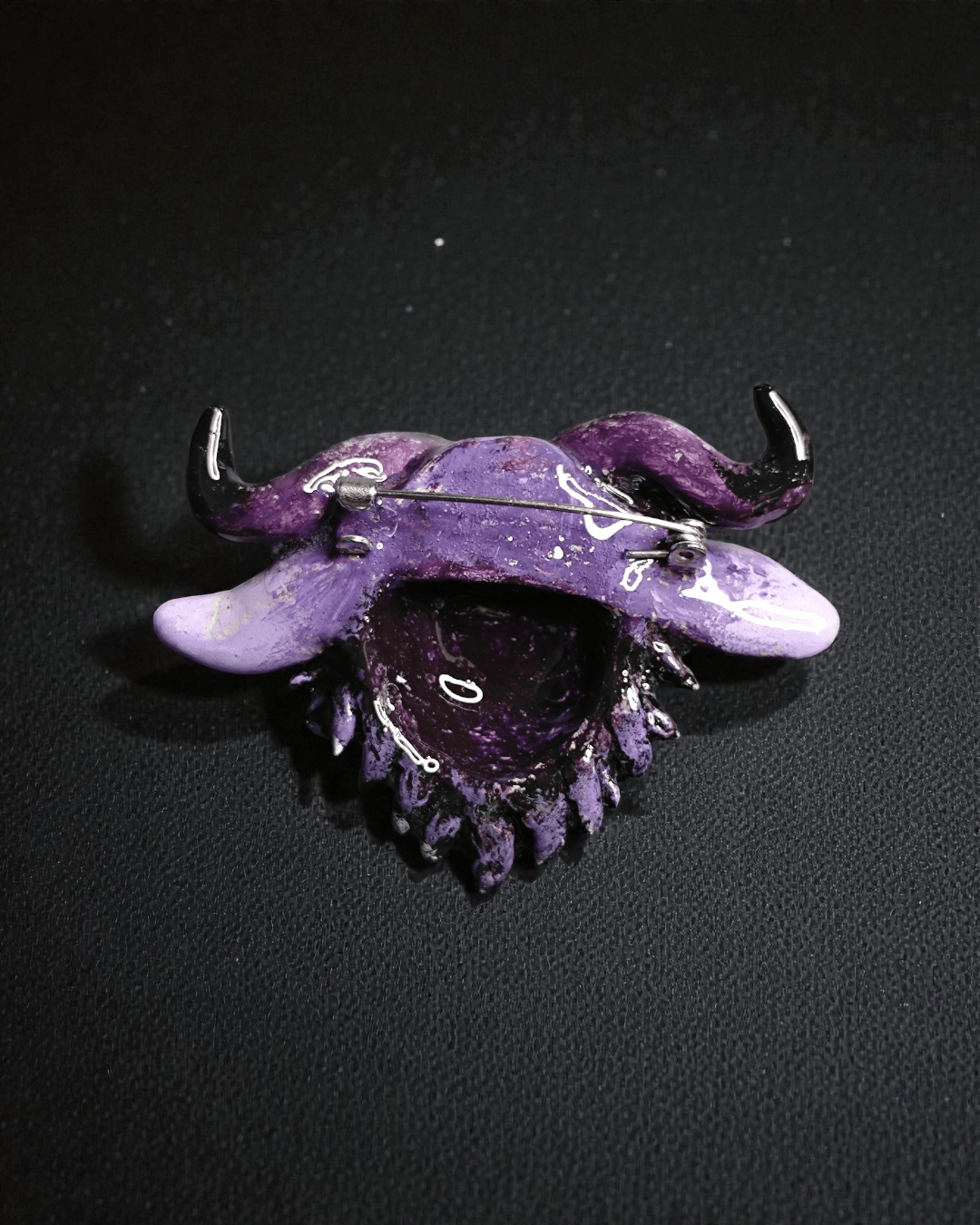 Purple Mystical Creature Pin Button – Handmade Clay & Resin Surreal Wearable Art with Stainless Steel Pin Back - SAMA
