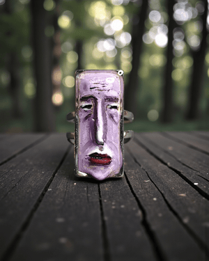 Purple Sad Face Ring – Handmade Clay & Resin Surreal Statement Jewelry with Adjustable Stainless Steel Band - SAMA