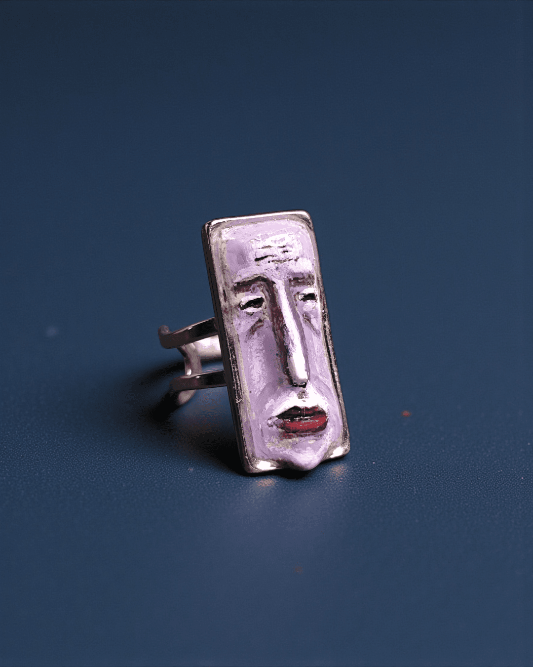 Purple Sad Face Ring – Handmade Clay & Resin Surreal Statement Jewelry with Adjustable Stainless Steel Band - SAMA