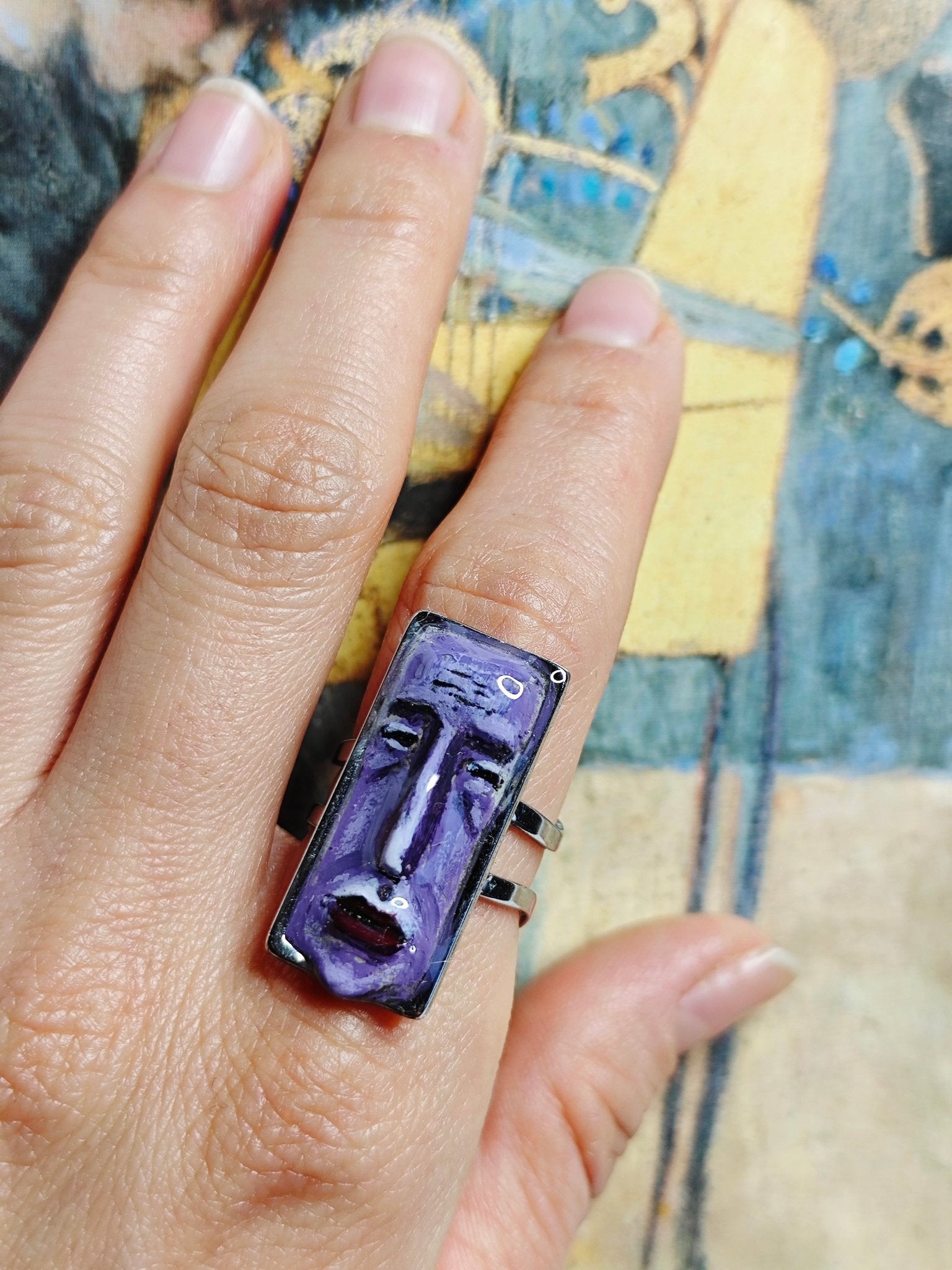 Purple Sad Face Ring – Handmade Clay & Resin Surreal Statement Jewelry with Adjustable Stainless Steel Band - SAMA