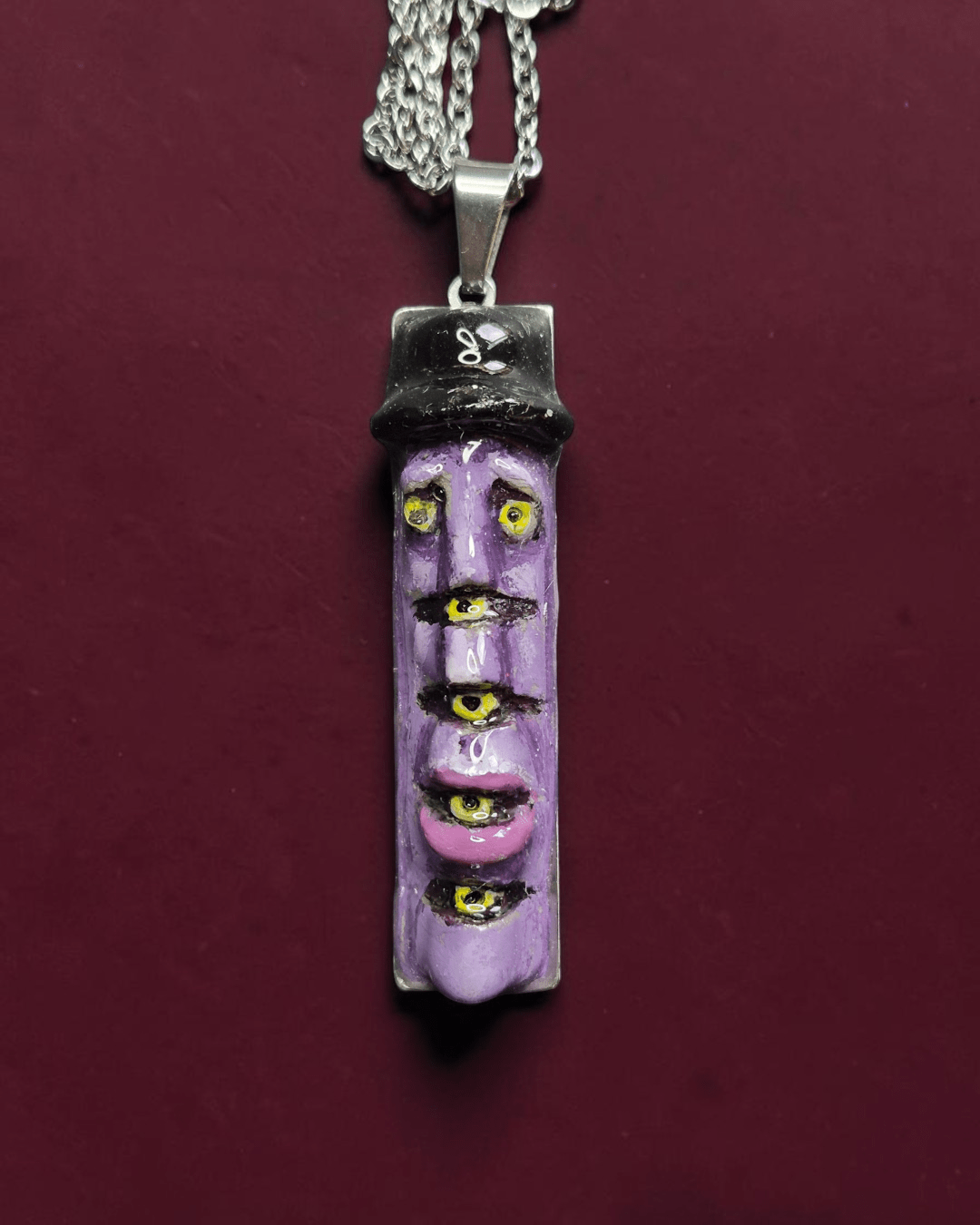 Purple Six-Eyed Man Necklace – Handmade Clay & Resin Surreal Statement Jewelry, Sculptural Fantasy Wearable Art with Stainless Steel Chain / Pendant - SAMA