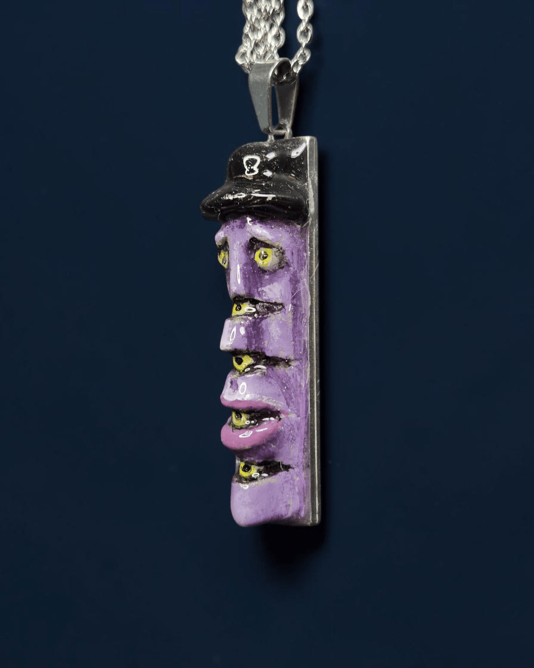Purple Six-Eyed Man Necklace – Handmade Clay & Resin Surreal Statement Jewelry, Sculptural Fantasy Wearable Art with Stainless Steel Chain / Pendant - SAMA