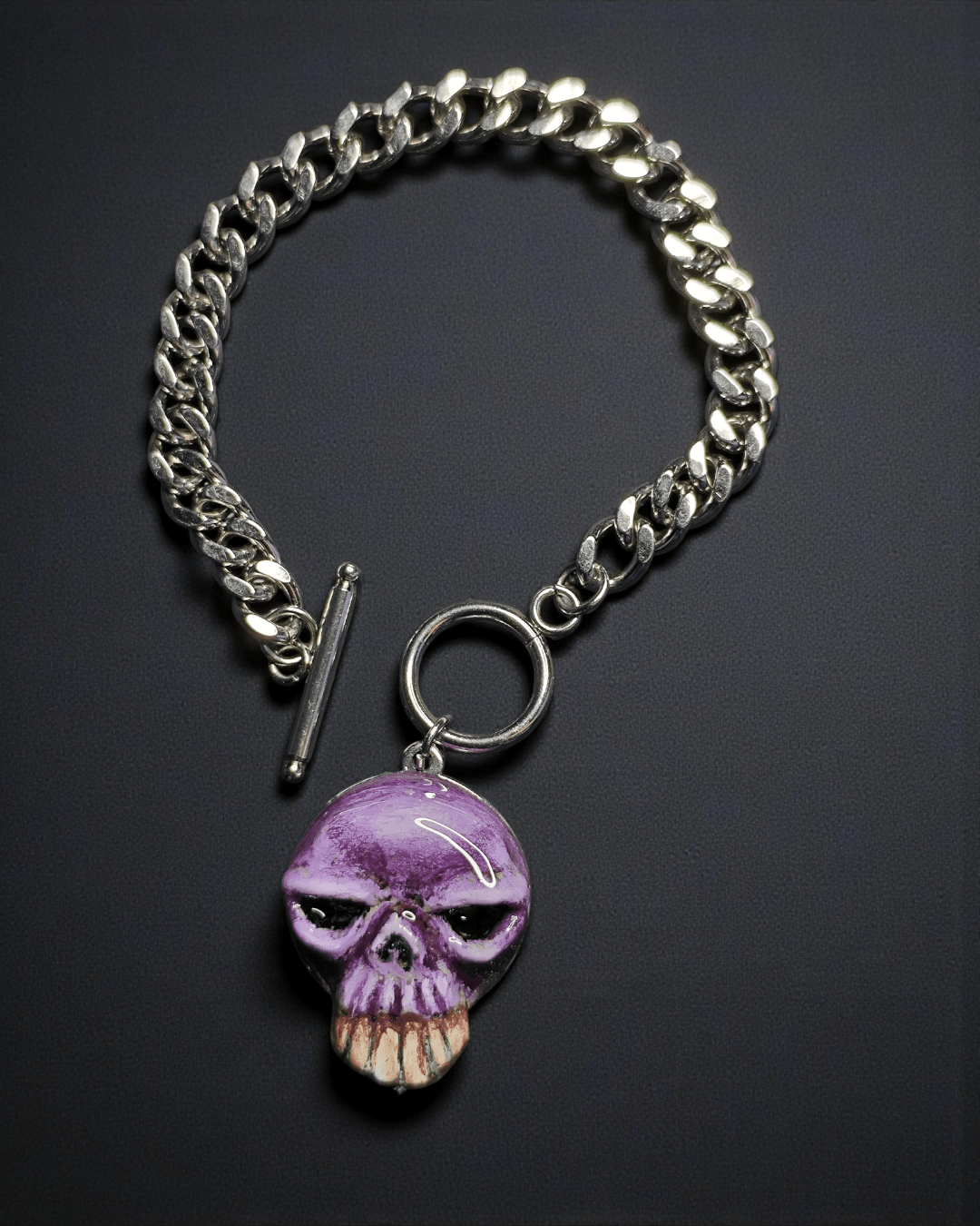 Purple Skull Face Bracelet – Handmade Clay & Resin Surreal Statement Jewelry, Sculptural Fantasy Wearable Art with Stainless Steel Chain - SAMA