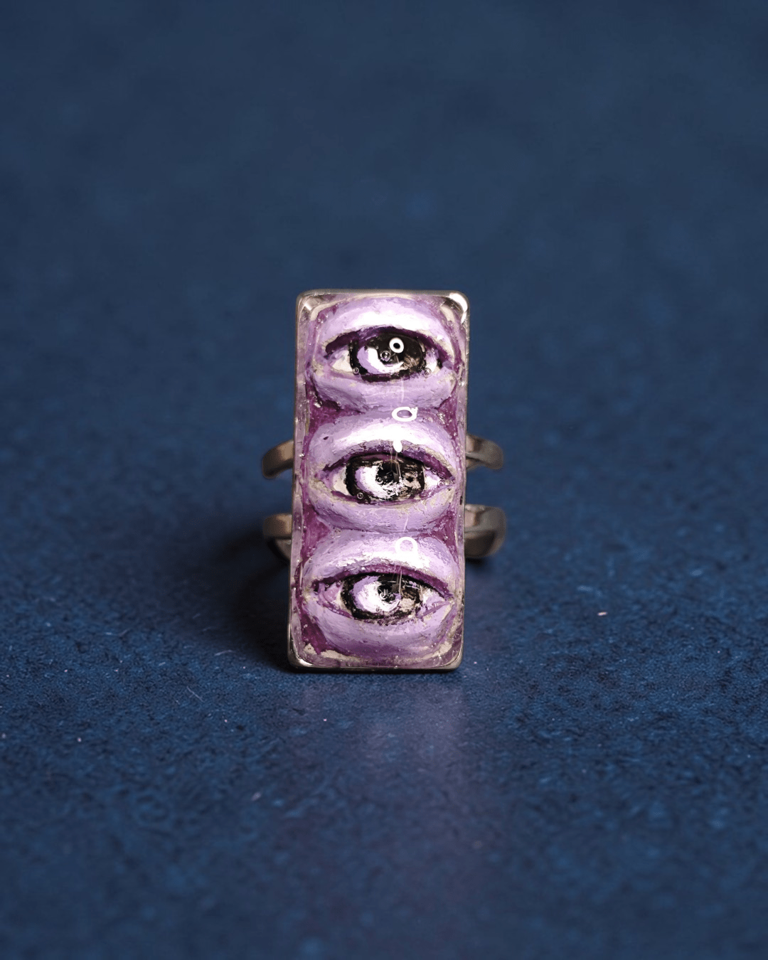 Purple Three Eyes Ring – Handmade Clay & Resin Surreal Statement Jewelry, Sculptural Fantasy Wearable Art with Adjustable Stainless Steel Band - SAMA