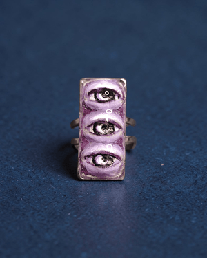 Purple Three Eyes Ring – Handmade Clay & Resin Surreal Statement Jewelry, Sculptural Fantasy Wearable Art with Adjustable Stainless Steel Band - SAMA
