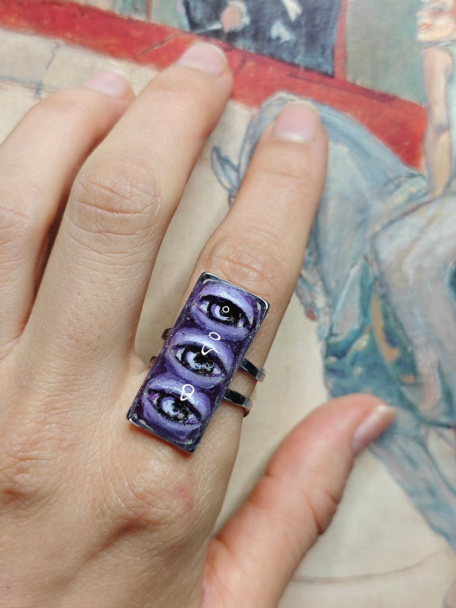 Purple Three Eyes Ring – Handmade Clay & Resin Surreal Statement Jewelry, Sculptural Fantasy Wearable Art with Adjustable Stainless Steel Band - SAMA