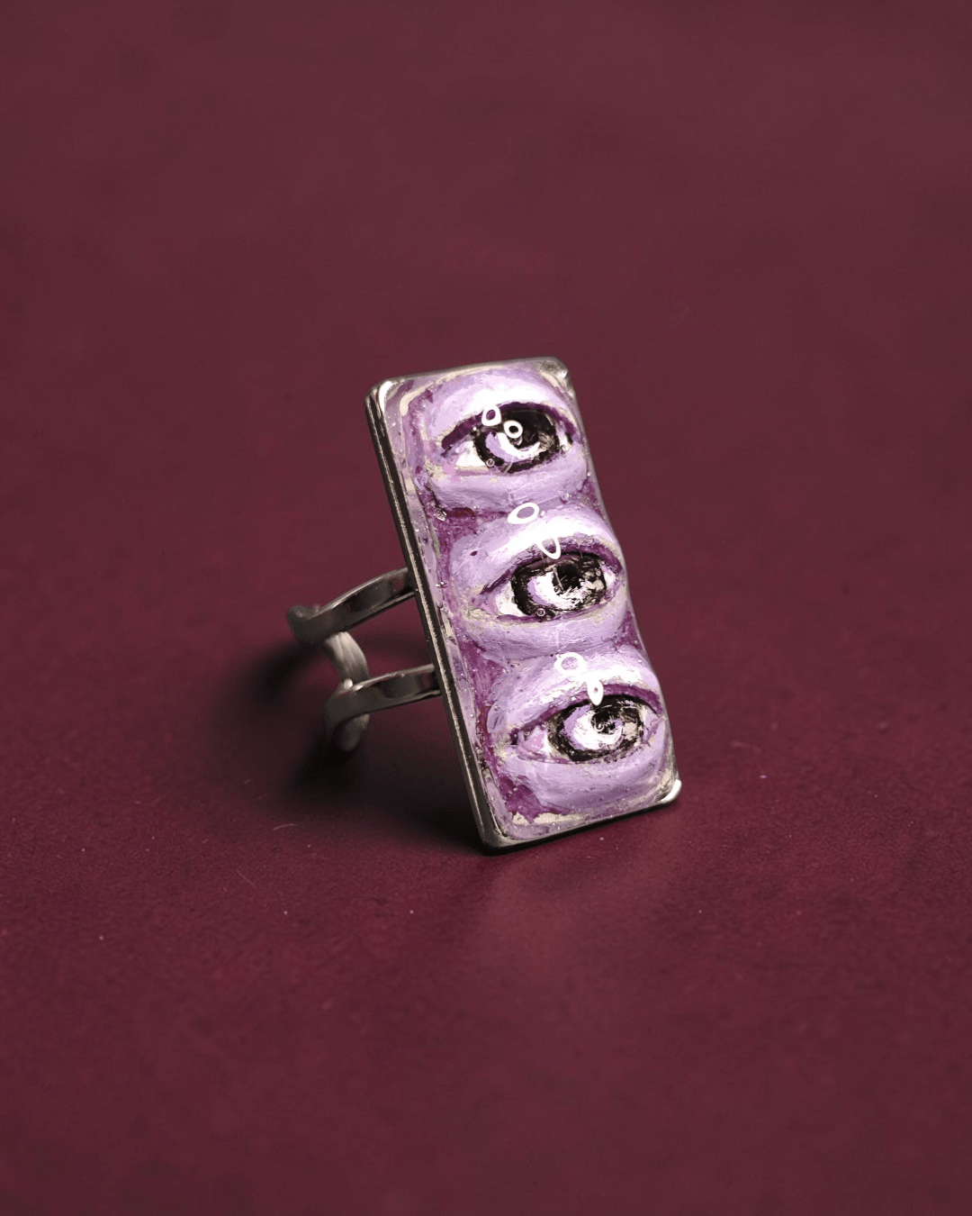 Purple Three Eyes Ring – Handmade Clay & Resin Surreal Statement Jewelry, Sculptural Fantasy Wearable Art with Adjustable Stainless Steel Band - SAMA