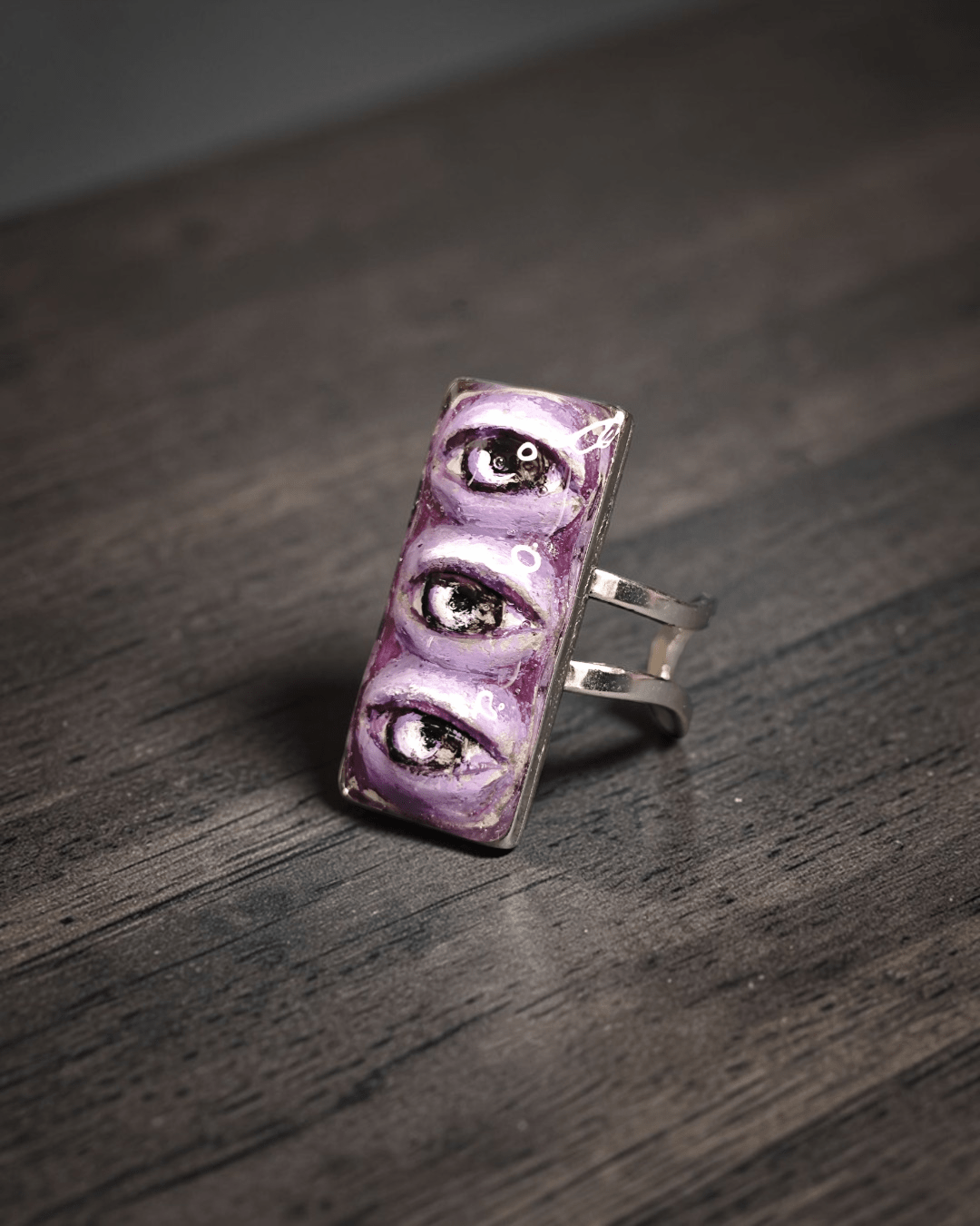 Purple Three Eyes Ring – Handmade Clay & Resin Surreal Statement Jewelry, Sculptural Fantasy Wearable Art with Adjustable Stainless Steel Band - SAMA
