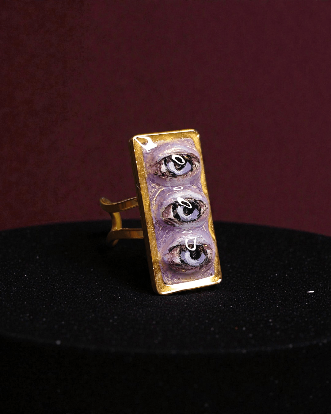 Purple Three Eyes Ring – Handmade Clay & Resin Surreal Statement Jewelry with Adjustable Stainless Steel Band - SAMA