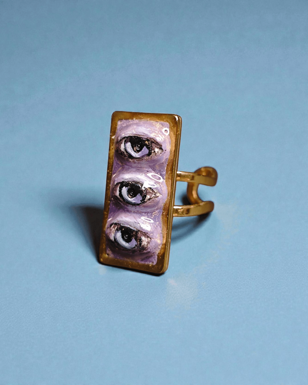 Purple Three Eyes Ring – Handmade Clay & Resin Surreal Statement Jewelry with Adjustable Stainless Steel Band - SAMA