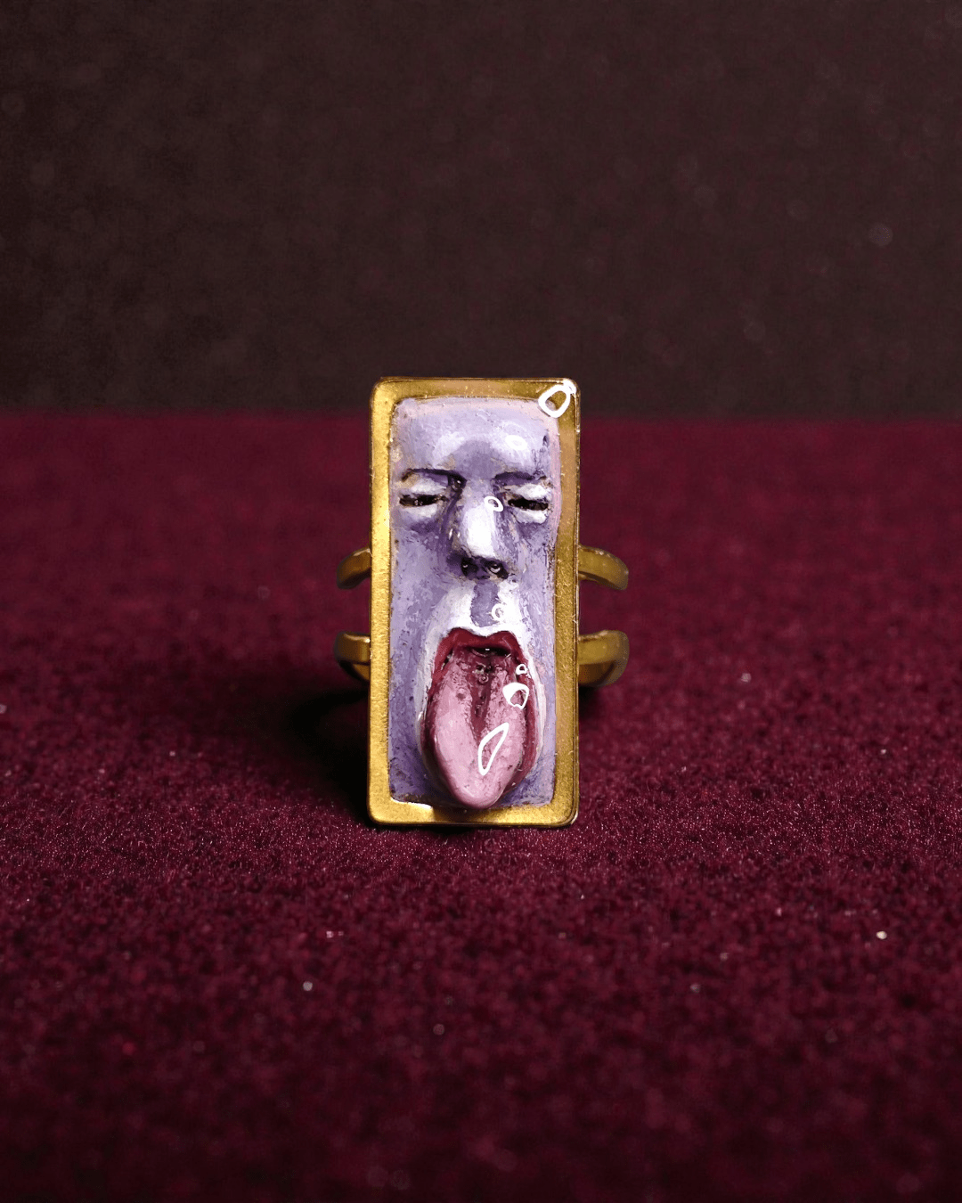 Purple Tongue Out Face Ring – Handmade Clay & Resin Surreal Statement Jewelry with Adjustable Stainless Steel Band - SAMA