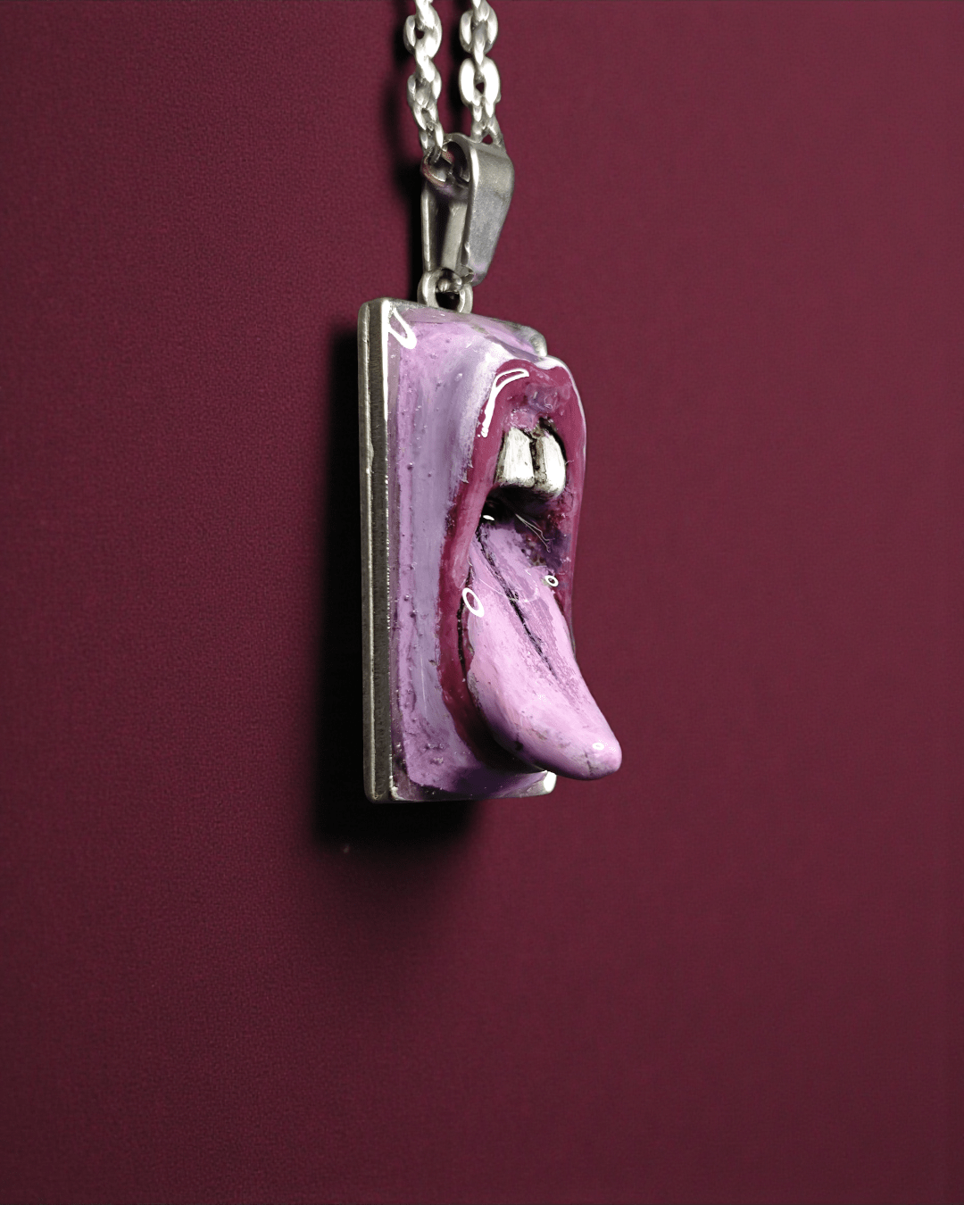 Purple Tongue Out Necklace – Handmade Clay & Resin Surreal Statement Jewelry, Sculptural Fantasy Wearable Art with Stainless Steel Chain / Pendant - SAMA