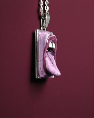 Purple Tongue Out Necklace – Handmade Clay & Resin Surreal Statement Jewelry, Sculptural Fantasy Wearable Art with Stainless Steel Chain / Pendant - SAMA