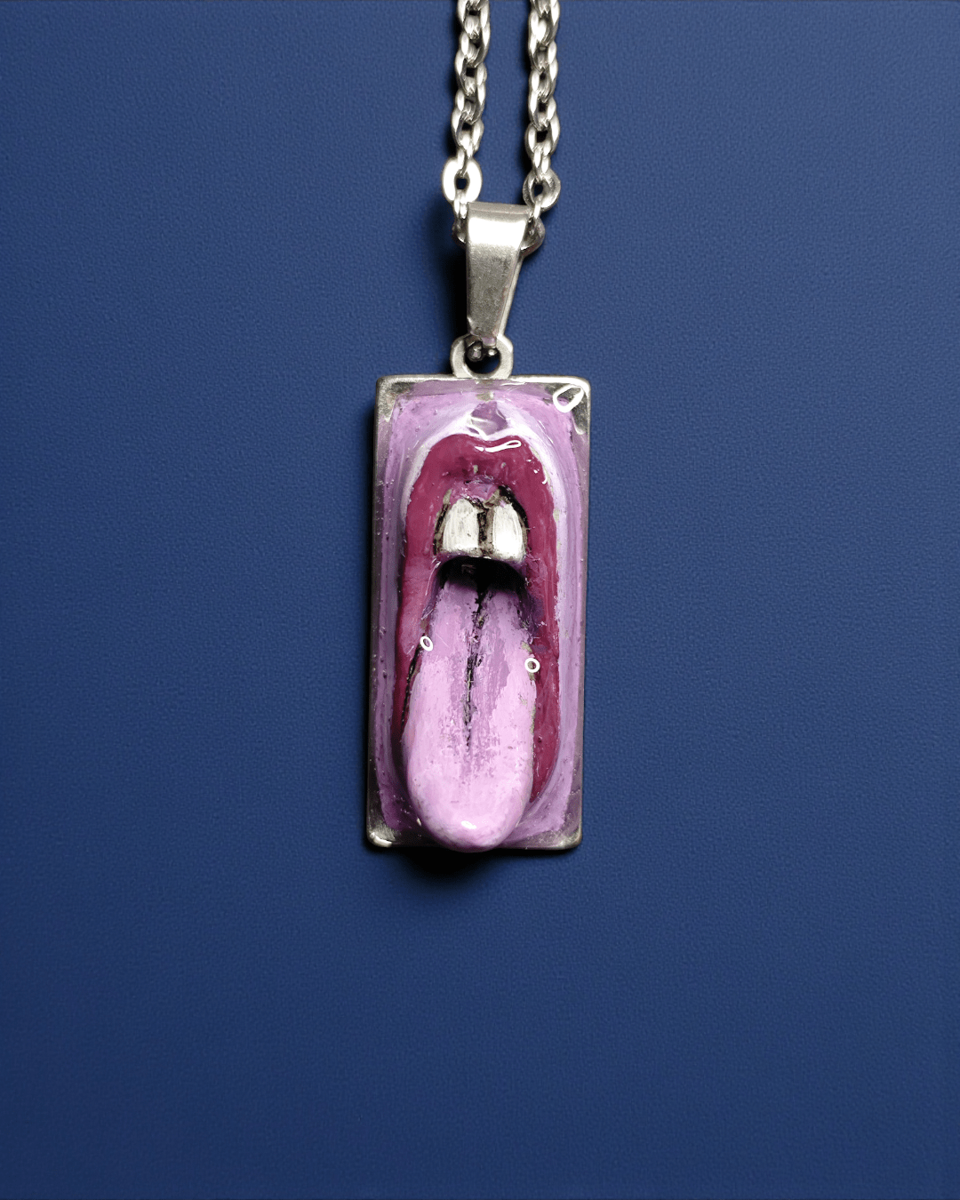 Purple Tongue Out Necklace – Handmade Clay & Resin Surreal Statement Jewelry, Sculptural Fantasy Wearable Art with Stainless Steel Chain / Pendant - SAMA