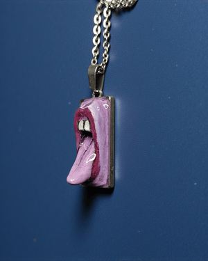 Purple Tongue Out Necklace – Handmade Clay & Resin Surreal Statement Jewelry, Sculptural Fantasy Wearable Art with Stainless Steel Chain / Pendant - SAMA