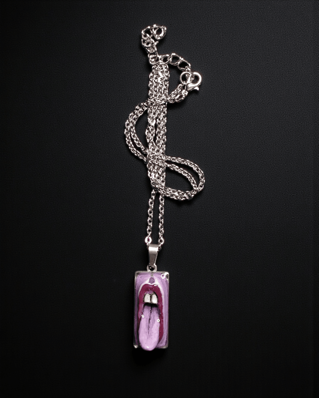 Purple Tongue Out Necklace – Handmade Clay & Resin Surreal Statement Jewelry, Sculptural Fantasy Wearable Art with Stainless Steel Chain / Pendant - SAMA