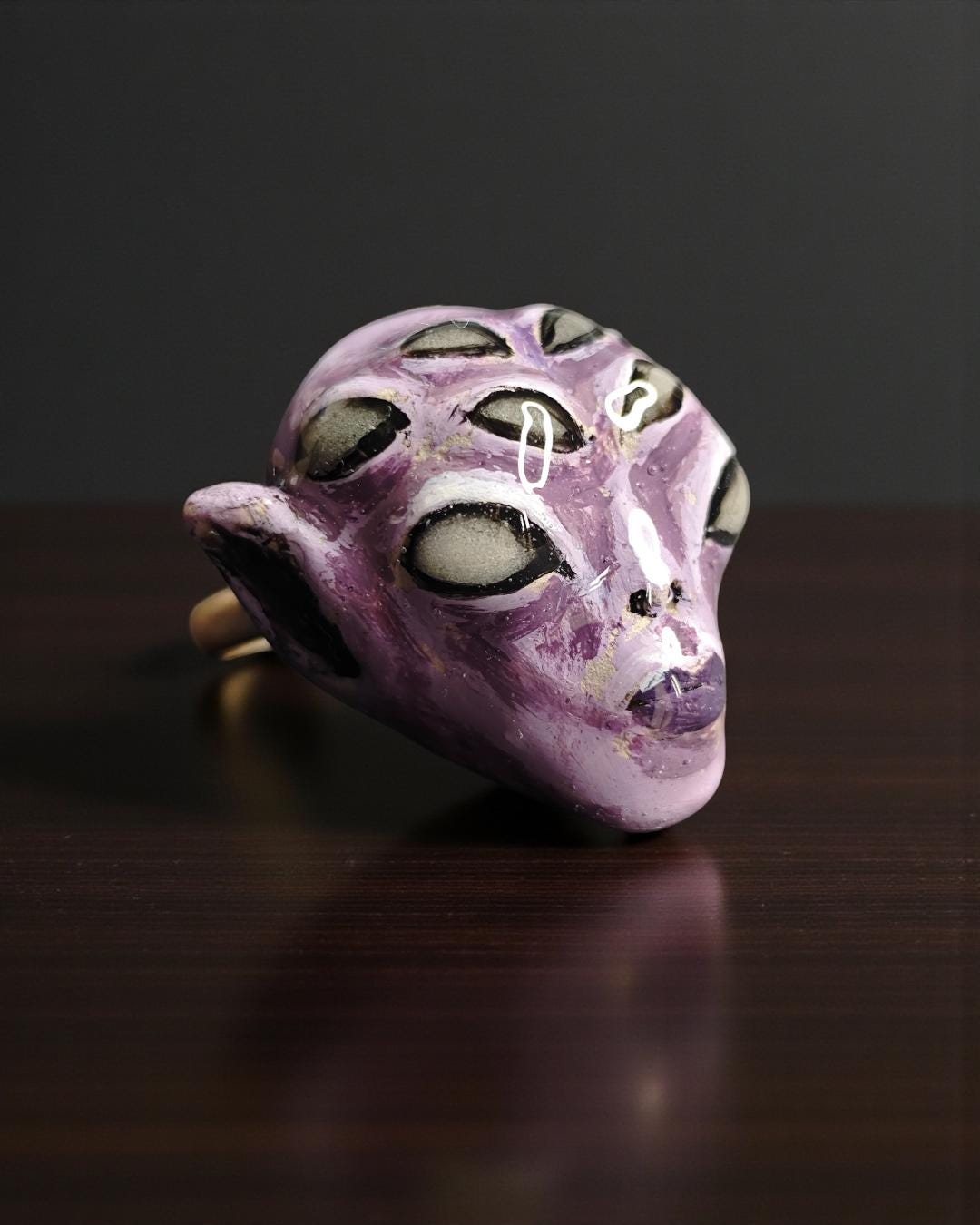 Purple Unknown Creature with Many Eyes Ring – Handmade Clay & Resin Surreal Statement Jewelry, Sculptural Fantasy Wearable Art with Sterling