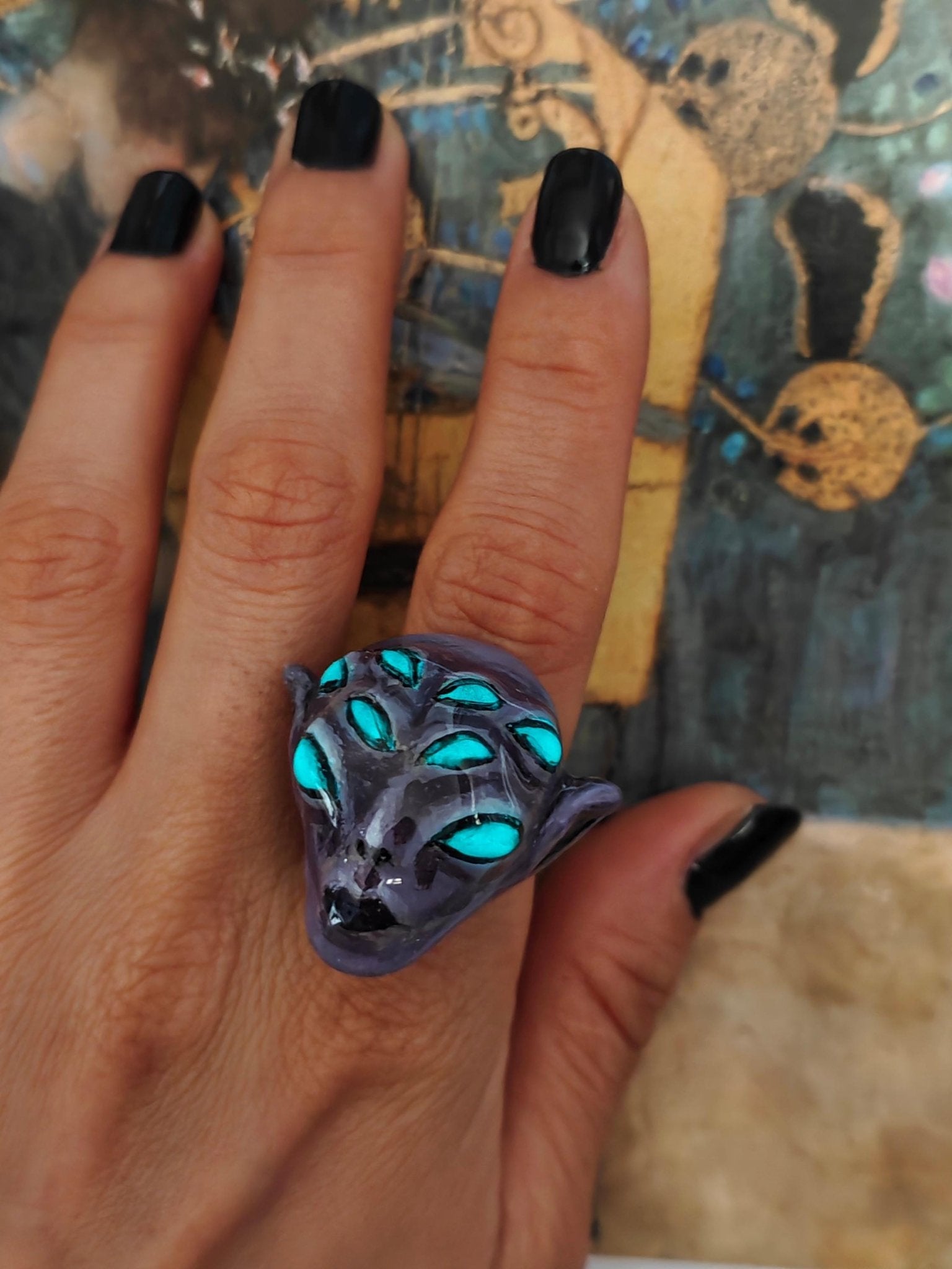Purple Unknown Creature with Many Eyes Ring – Handmade Clay & Resin Surreal Statement Jewelry, Sculptural Fantasy Wearable Art with Sterling
