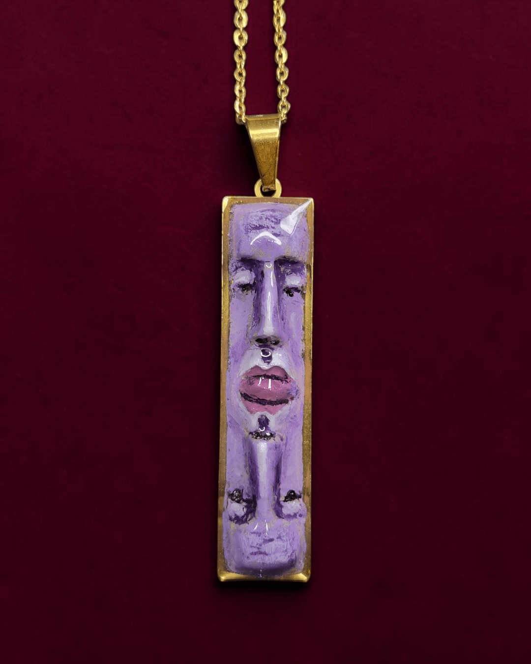 Purple Upside Down Double Face Necklace – Handmade Clay & Resin Surreal Statement Jewelry, Sculptural Fantasy Wearable Art with Stainless Steel Chain / Pendant - SAMA