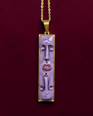 Purple Upside Down Double Face Necklace – Handmade Clay & Resin Surreal Statement Jewelry, Sculptural Fantasy Wearable Art with Stainless Steel Chain / Pendant - SAMA