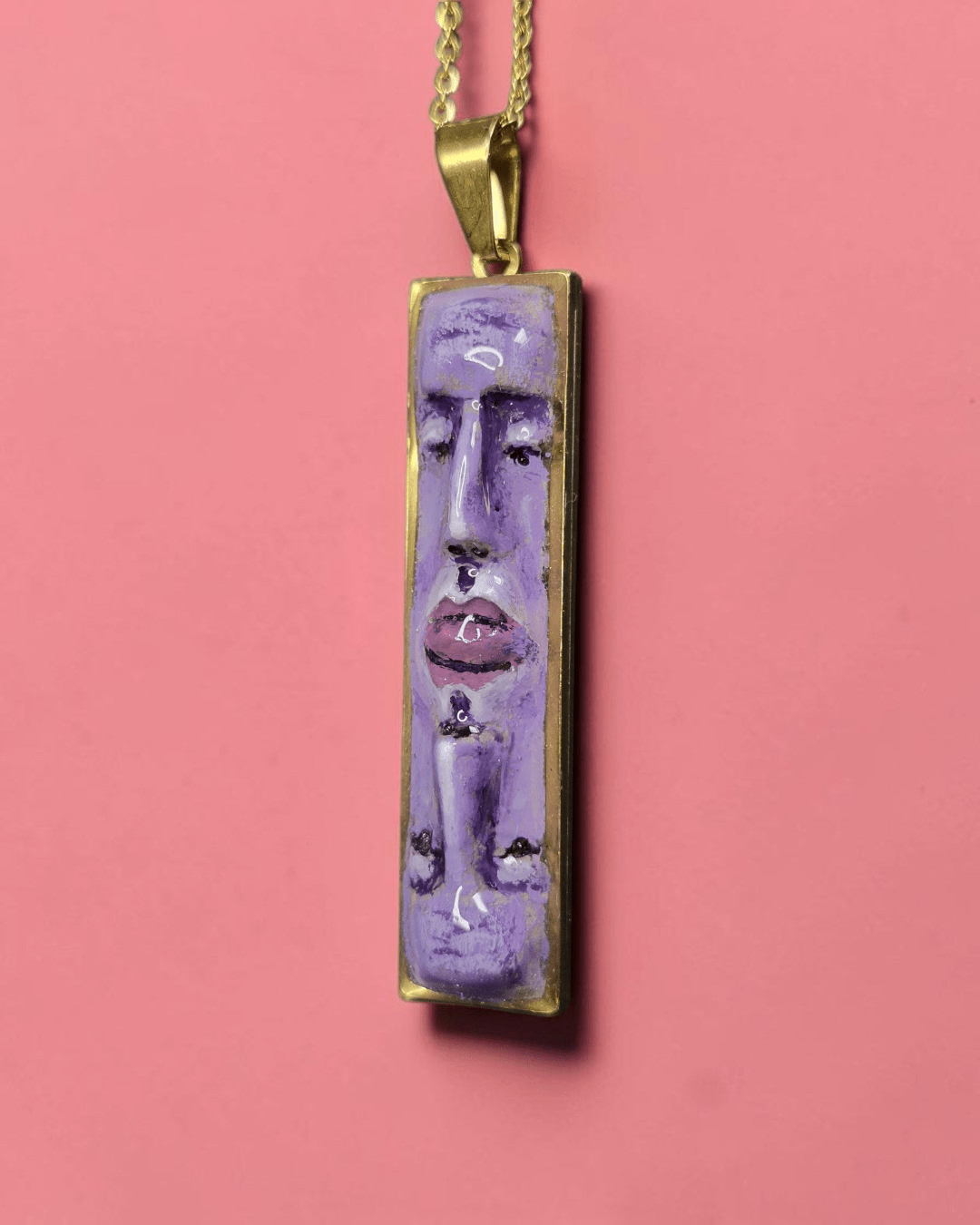 Purple Upside Down Double Face Necklace – Handmade Clay & Resin Surreal Statement Jewelry, Sculptural Fantasy Wearable Art with Stainless Steel Chain / Pendant - SAMA
