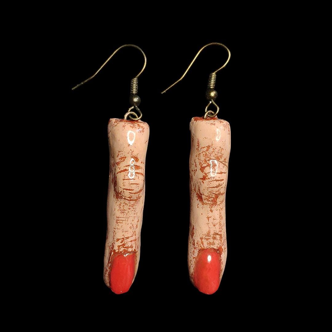 Red Nail Finger Earrings – Handmade Clay & Resin Surreal Statement Jewelry, Sculptural Wearable Art with Zinc Alloy Hooks OOAK