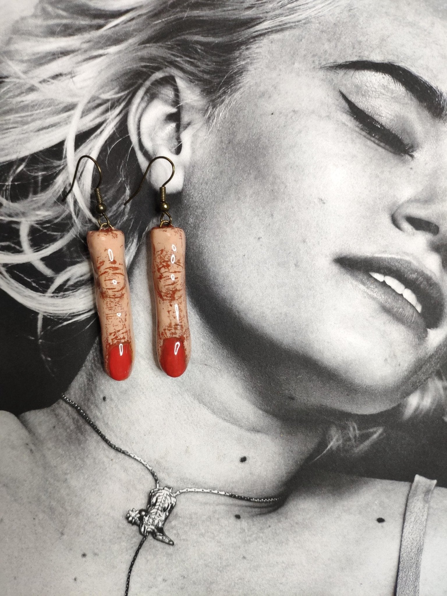 Red Nail Finger Earrings – Handmade Clay & Resin Surreal Statement Jewelry, Sculptural Wearable Art with Zinc Alloy Hooks OOAK