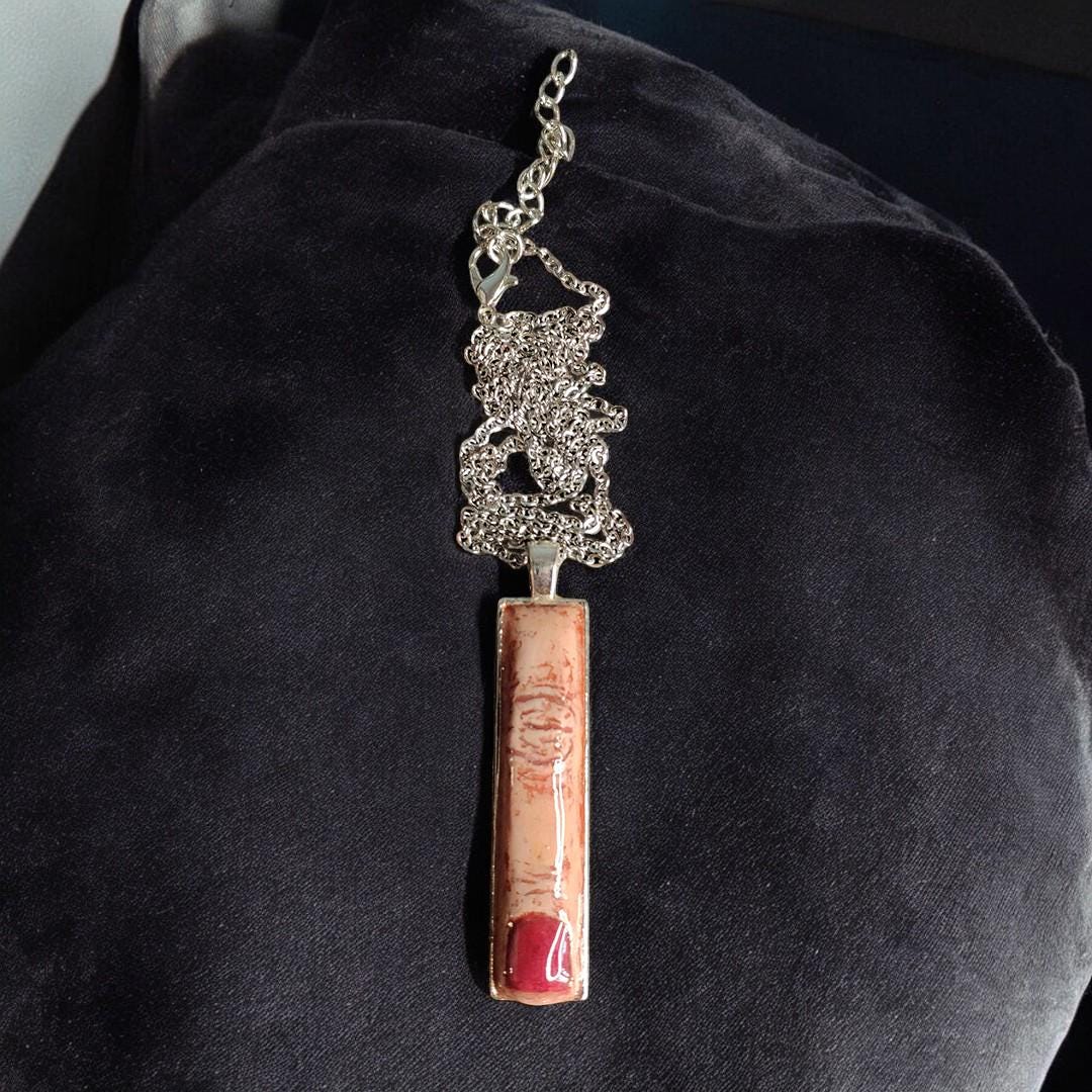 Red Nail Finger Necklace – Handmade Clay & Resin Surreal Statement Jewelry, Sculptural Wearable Art with Alloy Pendant / Chain OOAK
