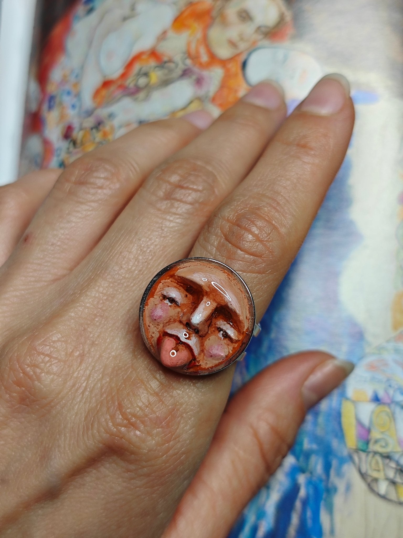 Sad Face Tongue Out Ring – Handmade Clay & Resin Surreal Statement Jewelry, Sculptural Fantasy Wearable Art with Adjustable Stainless Steel Band - SAMA